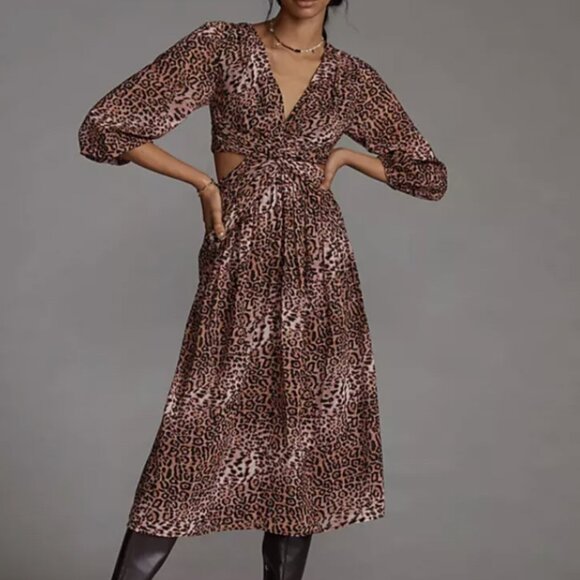 NWT Ranna Gill Anthropologie Animal Print Cutout Midi Dress - Picture 1 of 7
